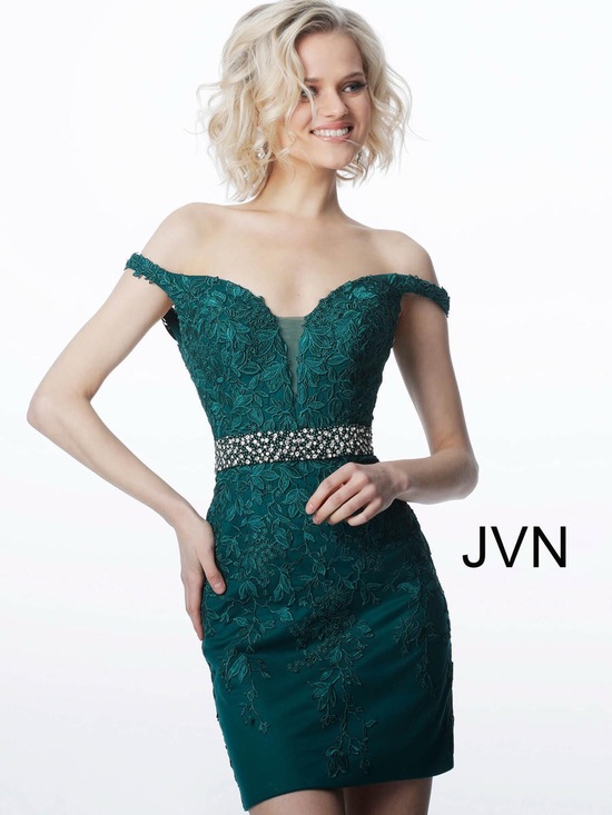 JVN Jewelry - JVN Emerald Lace Off-Shoulder Dress with Beaded Waist